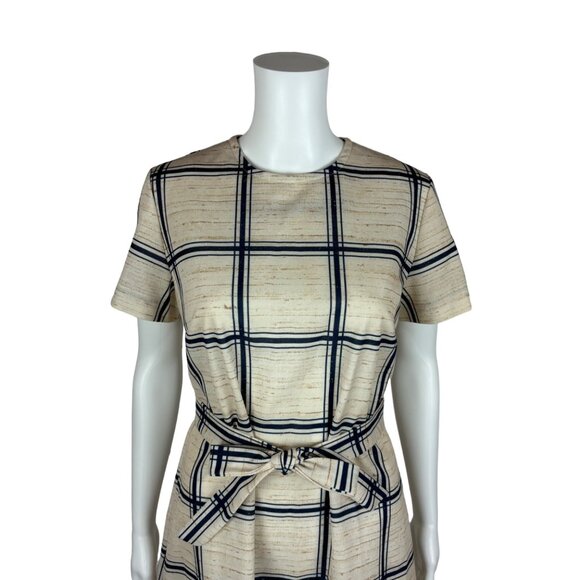 Vintage 70s Polyester Dress Women's Medium Striped Plaid Blue Cream Shift - Picture 3 of 11
